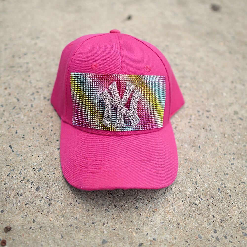New York Yankees Pink Rhinestone Bling Baseball Cap Hat Rainbow Crystal NY NWOT